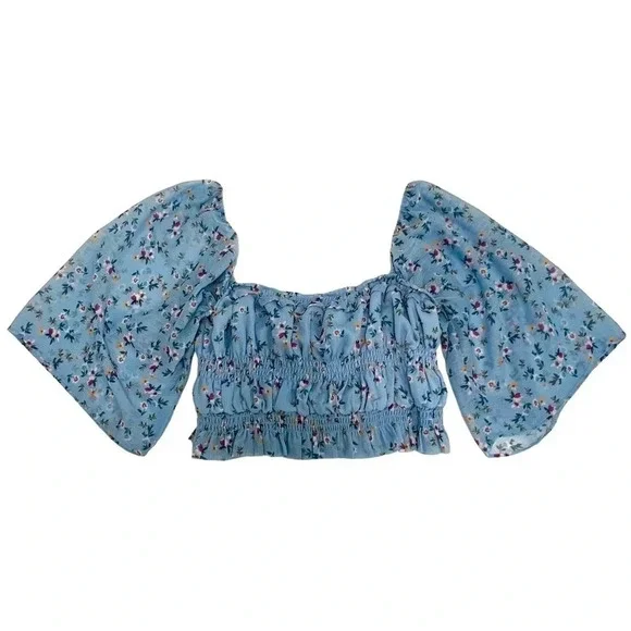 Tularosa Rosie Top Cropped Blouse Carolina Blue Floral Coastal Tropical size L - Picture 8 of 11